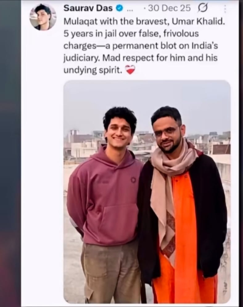 Saurav Das meeting Umar Khalid during bail release, praising him as the bravest